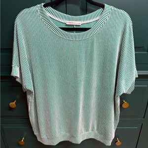 Zenana Outfitters Green Striped Short Sleeve Top, Size L